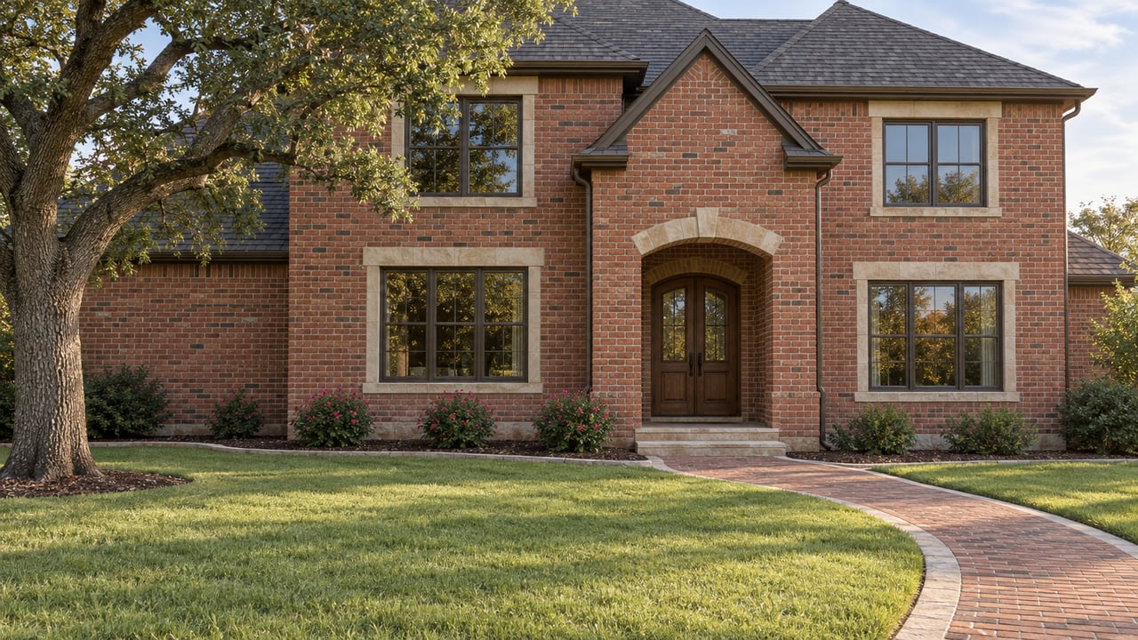 Red-brick two-story home with limestone trim, paired wooden entry doors, a deep lawn, and a spreading live oak.