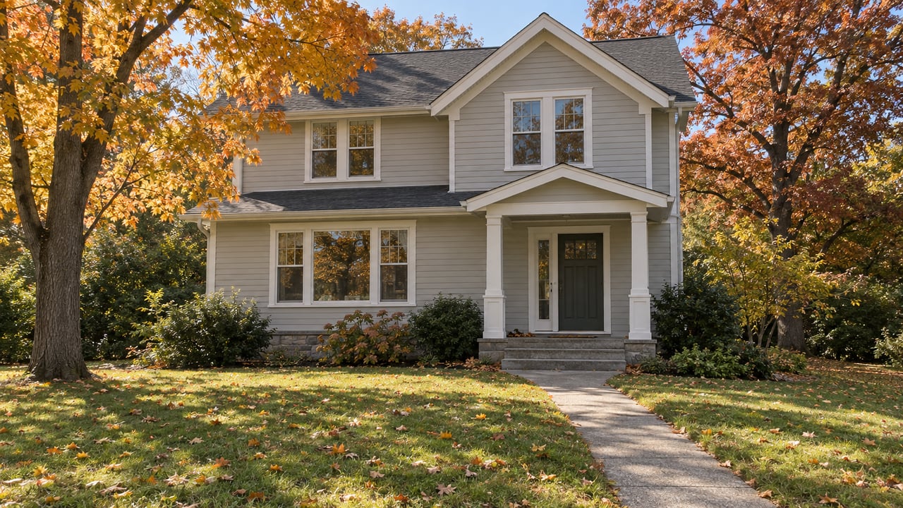 A pale clapboard house with white-trimmed windows, a recessed entry, and a deep lawn beneath gold maple and rusty oak foliage.