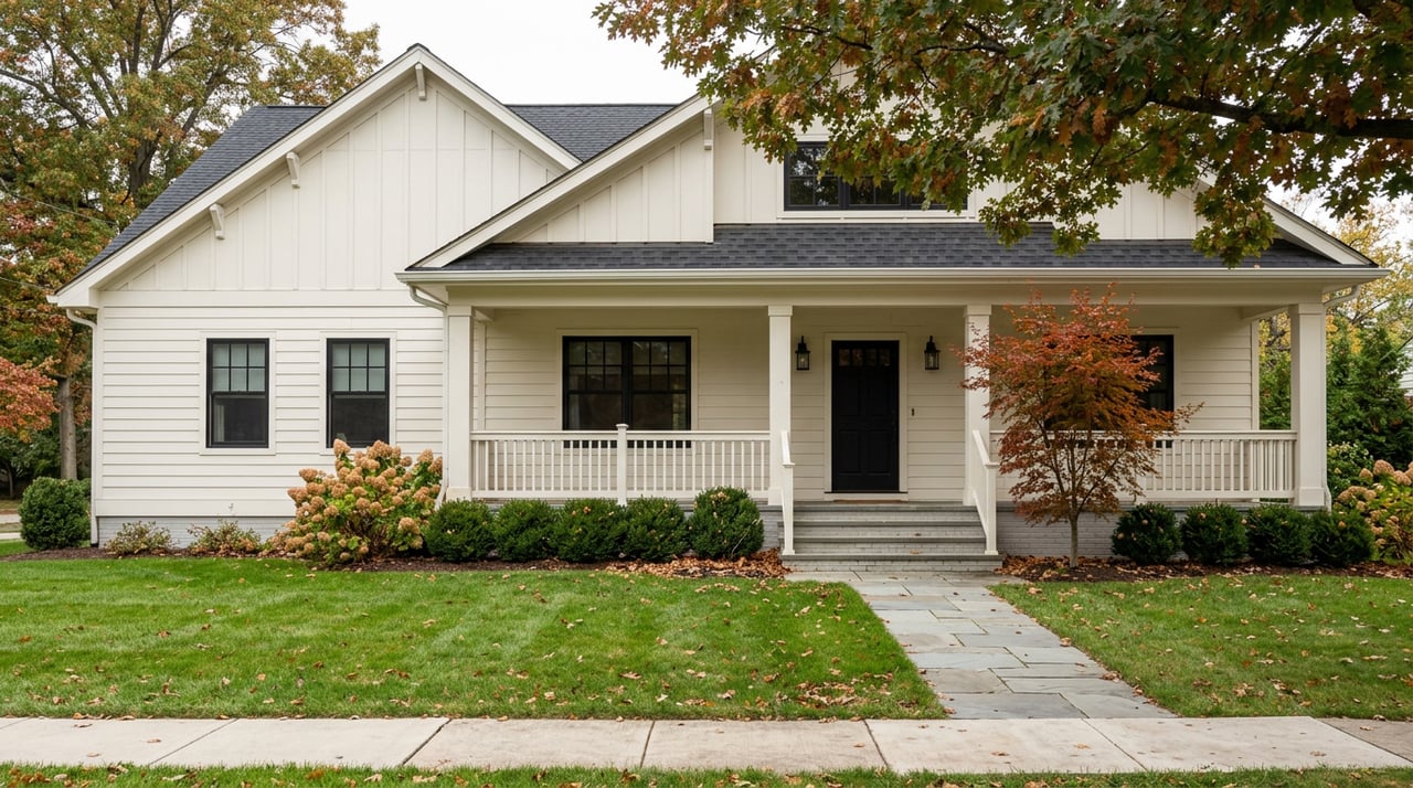 Ivory-sided home with a broad lawn, bluestone walk, autumn oak, and red Japanese maple.