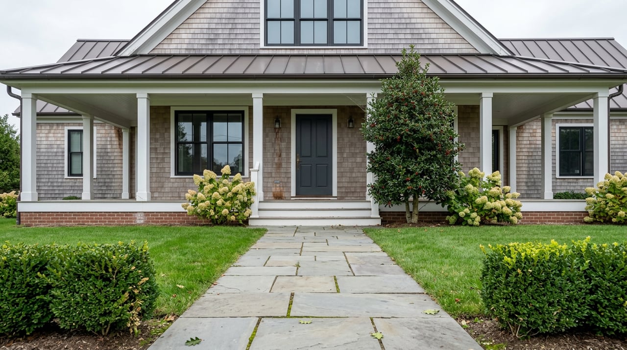 Raised shingle-style home with a wraparound porch, evergreen tree, and boxwood-lined bluestone walk.