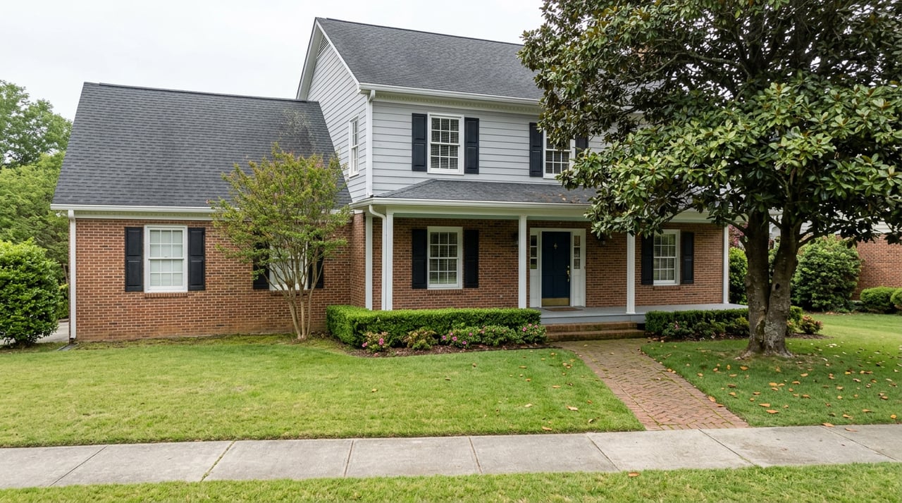 Two-story brick-and-gray-sided house with a covered porch, deep lawn, and mature magnolia canopy.
