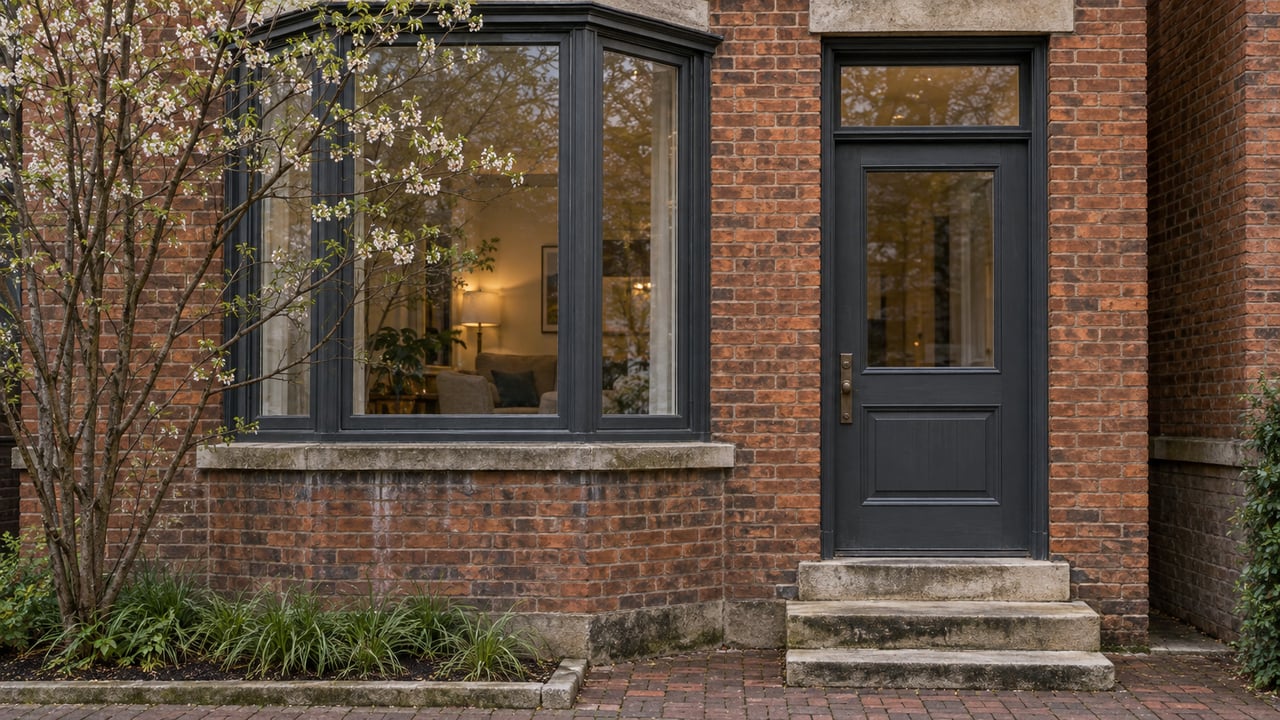 Brick townhouse with a projecting bay window, glazed entry door, worn limestone steps, and a small planted pocket.
