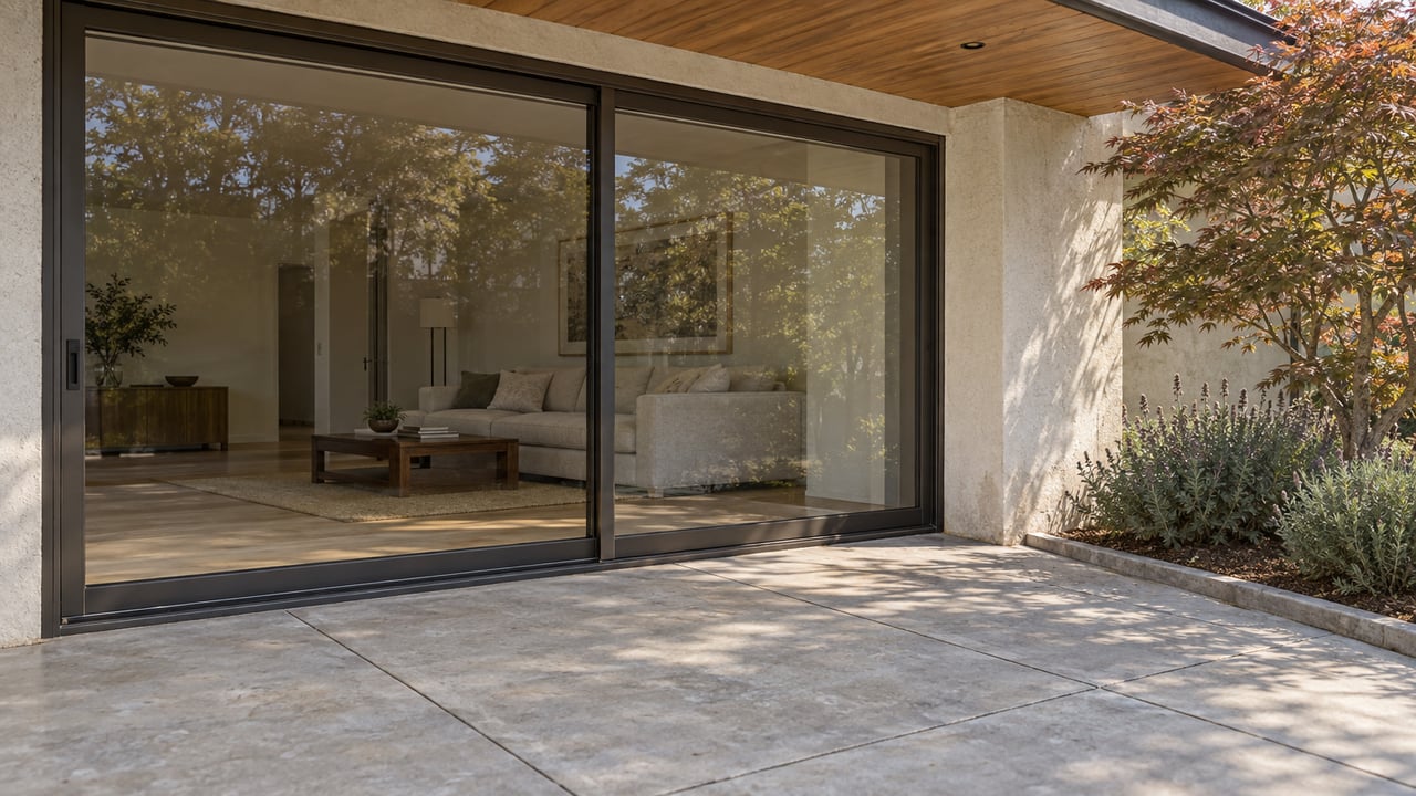 Modern home with sliding glass doors opening onto a concrete patio beside landscaped shrubs.