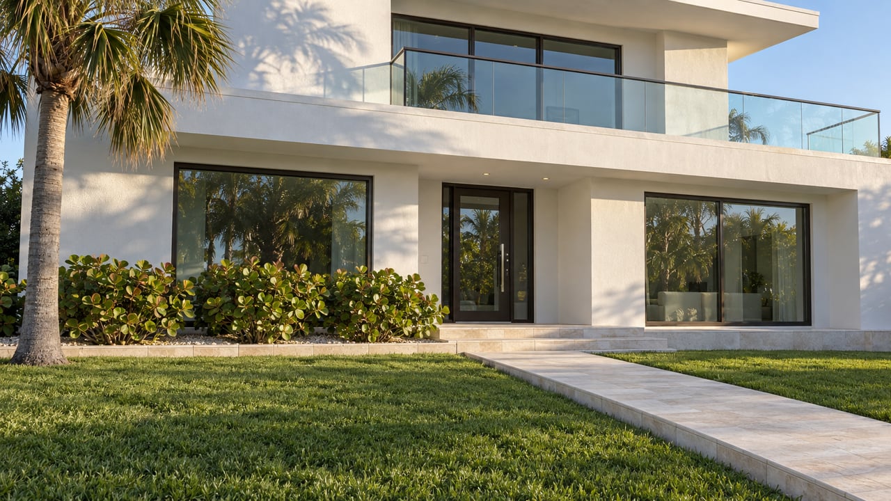 Contemporary white residence with bronze-framed windows, a glass balcony, limestone entry walk and mature palm beside a deep green lawn.