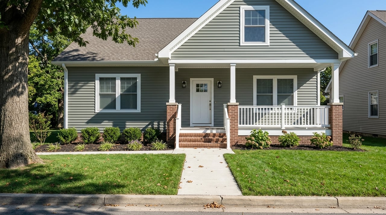Two-story detached home with a shallow front porch and centered entry, viewed from the driveway.