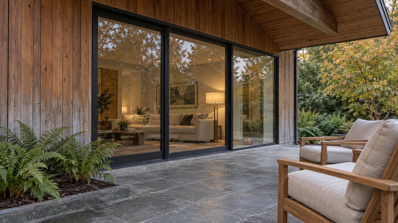Covered cedar terrace with two teak chairs, basalt paving and closed glass doors opening visually onto a warmly lit living room.