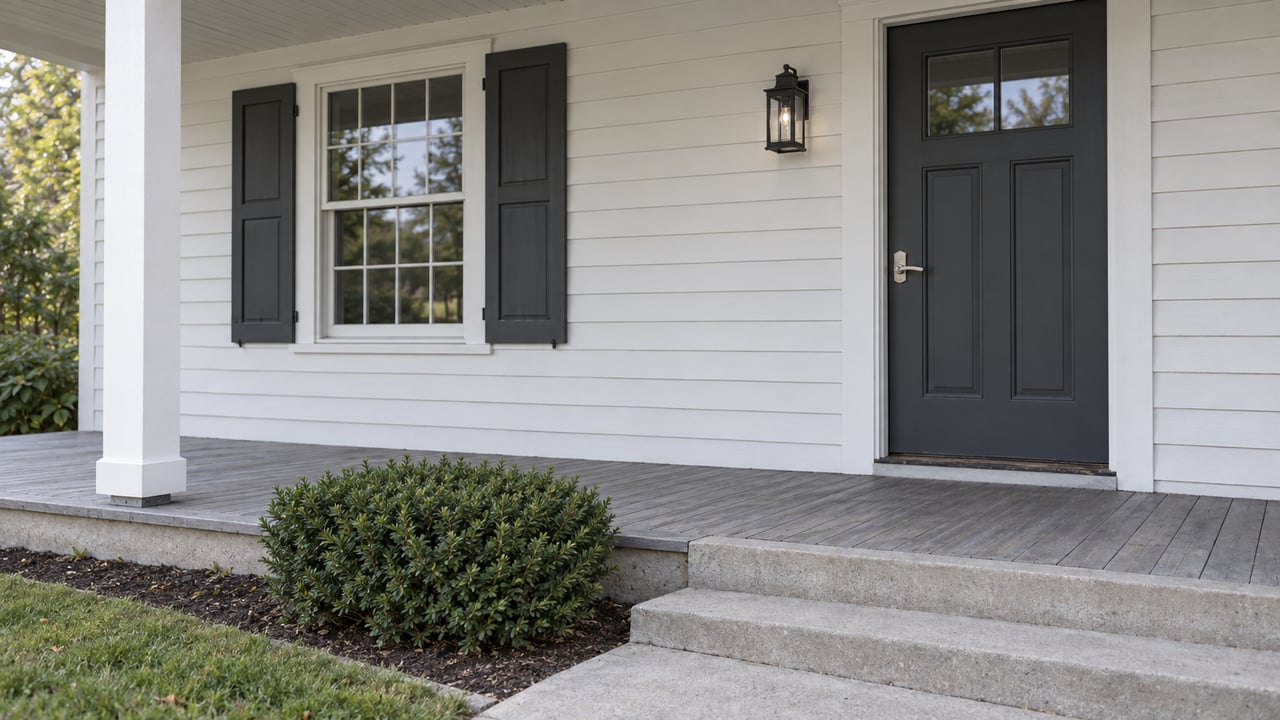 Close view of a white clapboard home's covered porch, charcoal entry door, shuttered window and gray decking beside a clipped yew.