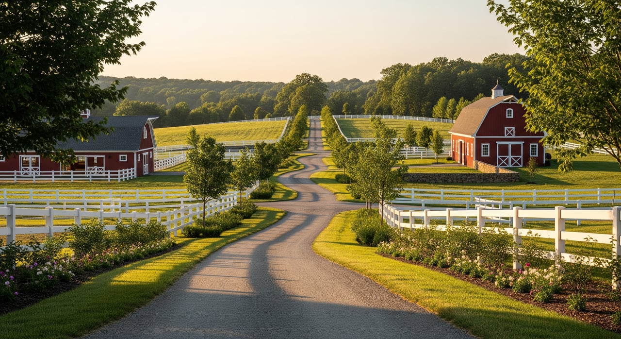 Winding farm driveway leads between white fences to two red barns, with green fields and flower beds.