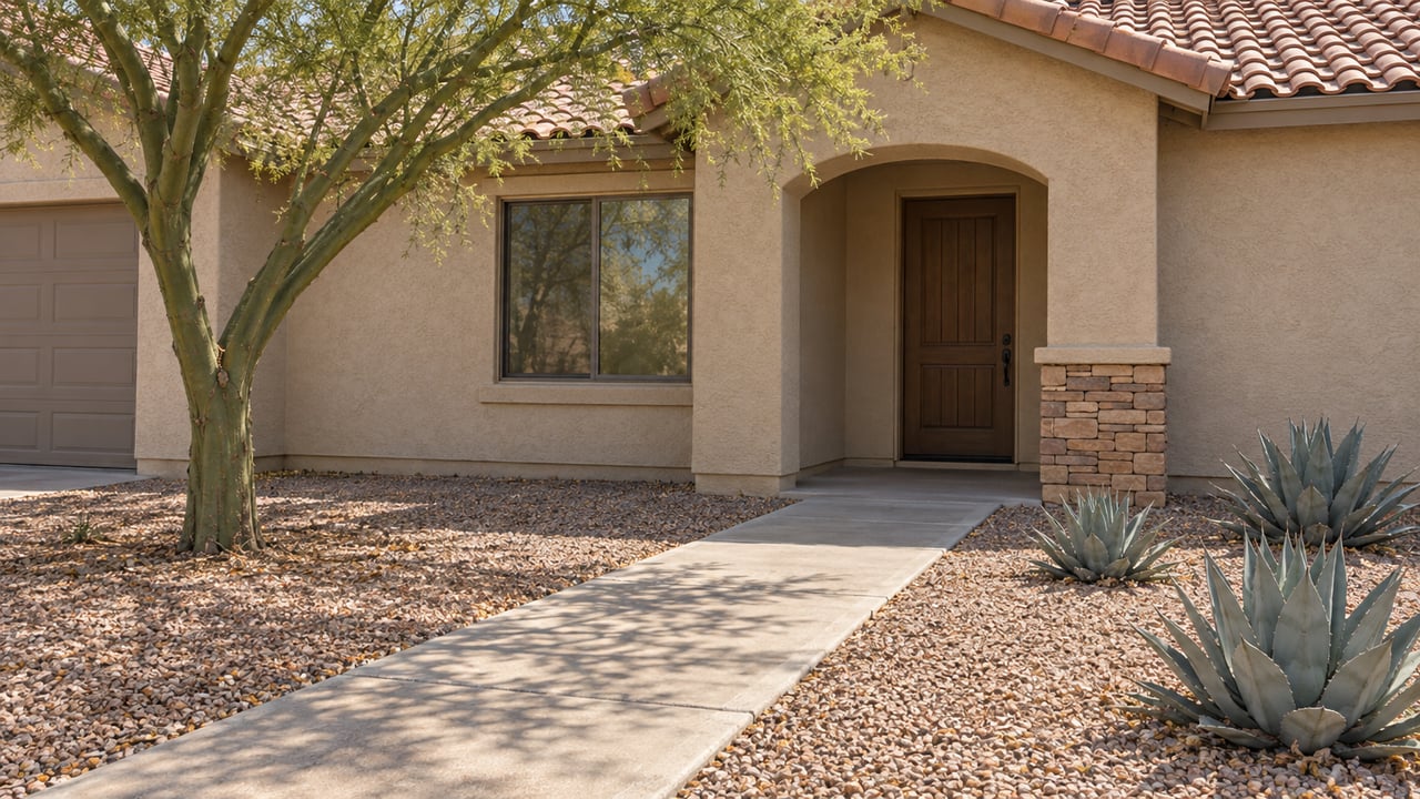 Sand-colored stucco home with an arched entry, tile roof, concrete approach, blue palo verde tree and three sculptural agaves in gravel beds.