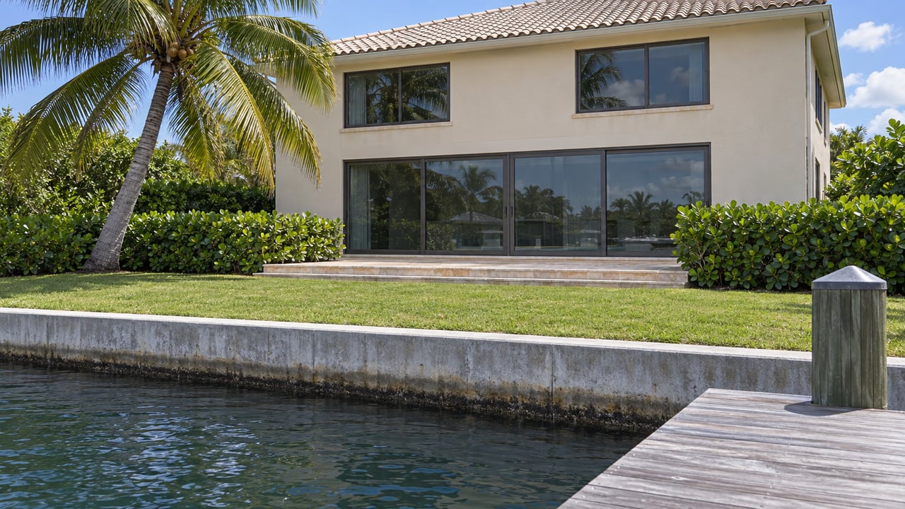 Canal-front stucco house with bronze-framed windows, a palm, lawn, and dock beside rippling water.