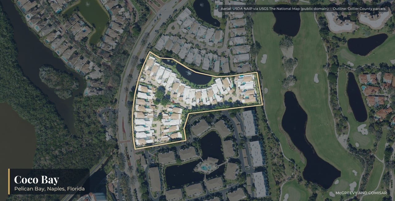 Aerial view of Coco Bay at Pelican Bay, Naples, Florida, with its parcels outlined