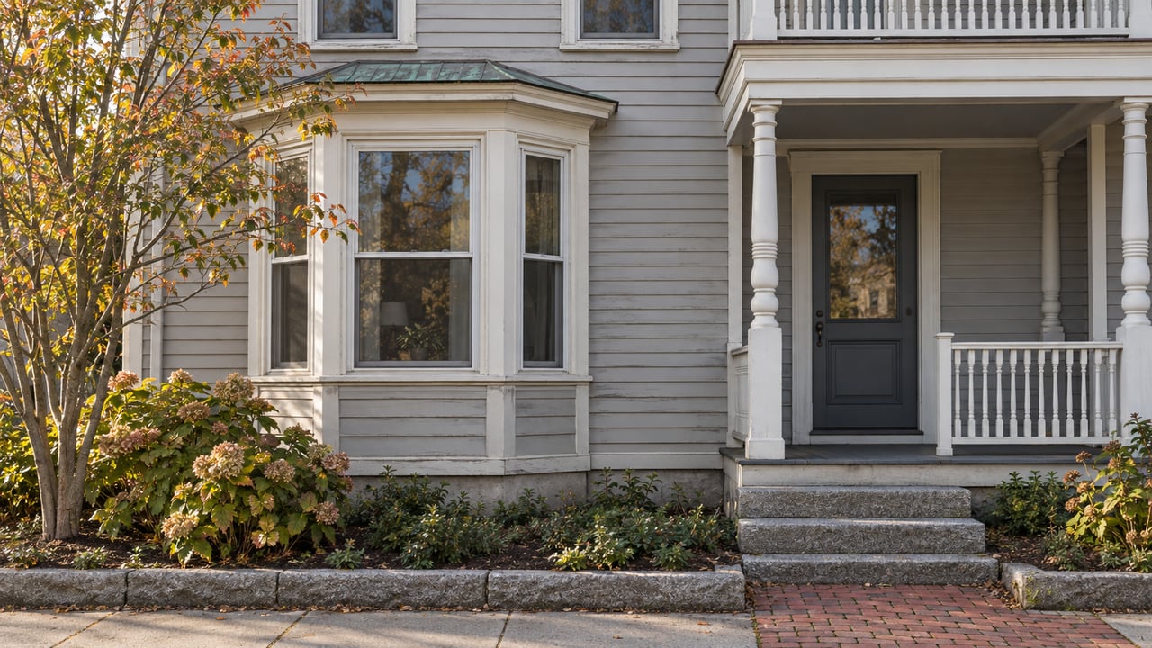 Weathered gray two-family house with a shallow bay, columned porch, granite steps, and sparse autumn foliage.