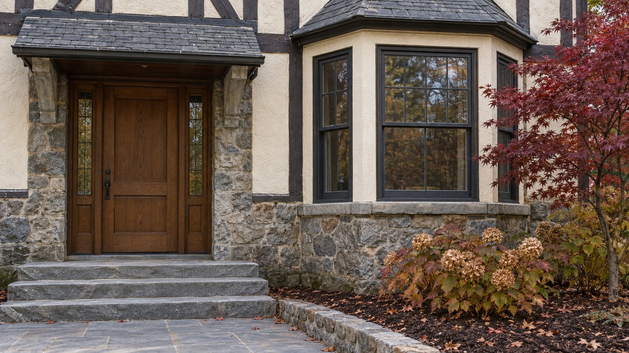 Stone and cream-stucco house entry beside a glazed bay window, with a burgundy Japanese maple and autumn oakleaf hydrangeas.