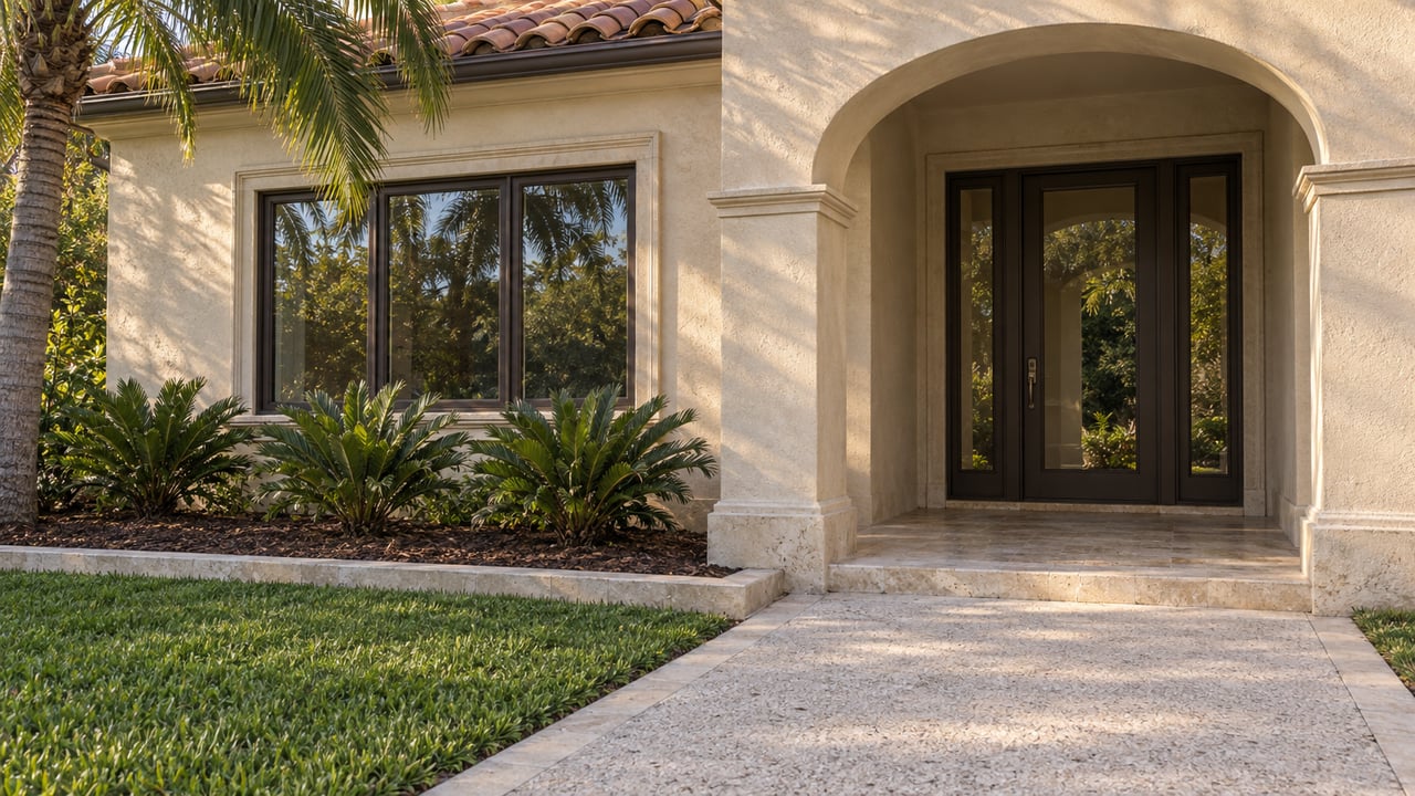 Cream stucco home with a tiled roof, shaded arched entrance, bronze-framed glazing and carefully planted palm and coonties beside a pale stone approach.
