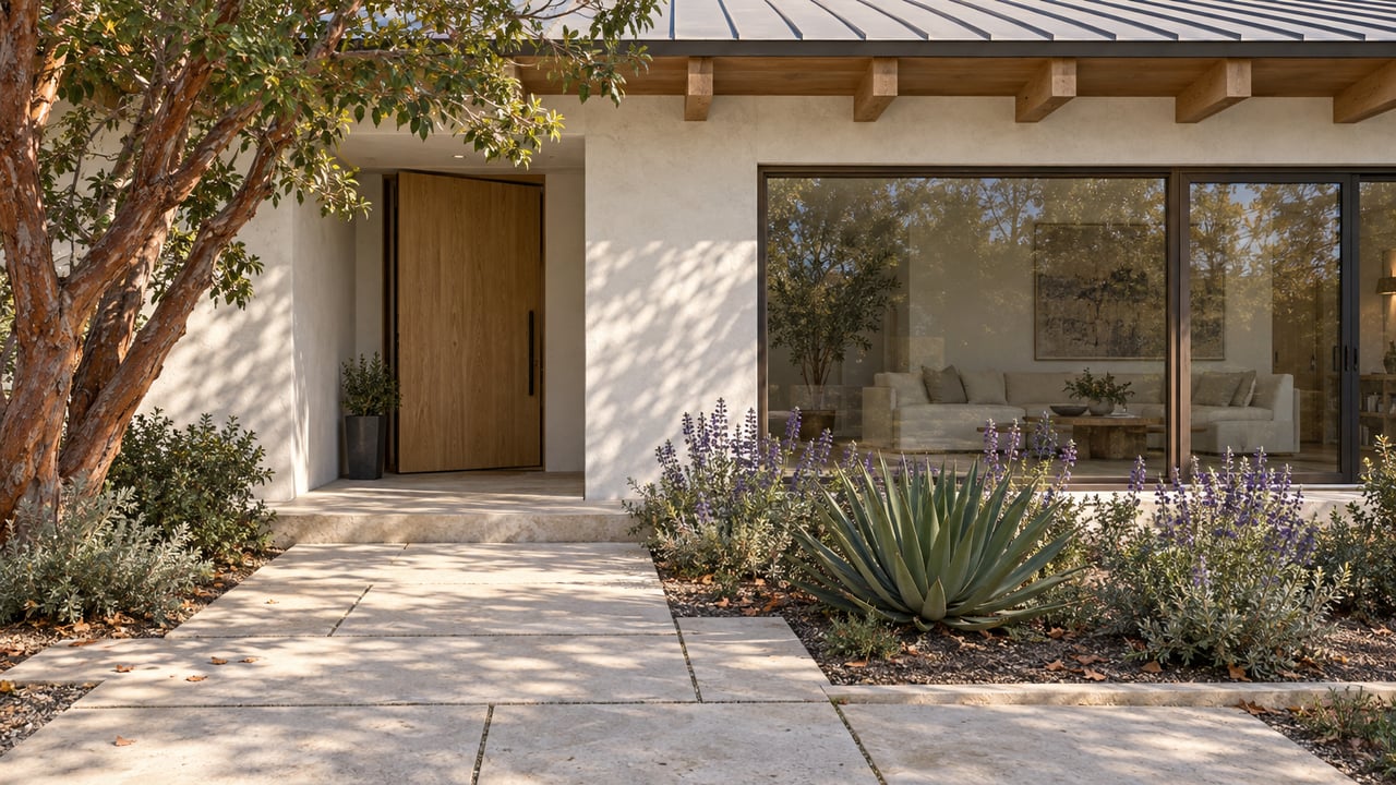 Sunlit white-stucco home with exposed timber roof beams, bronze-framed glazing and a limestone approach beside a sculptural garden.