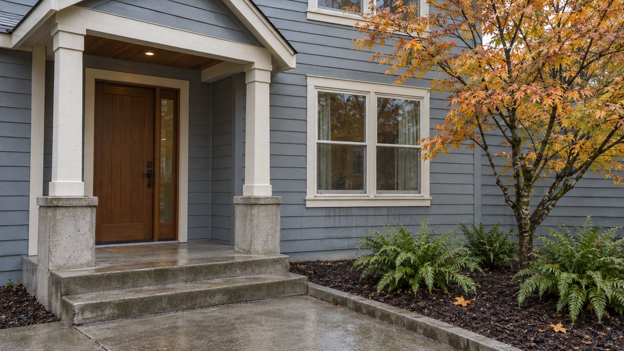 A blue-gray house entry with a sheltered wood door, damp concrete steps and a copper-leaved vine maple beside sword ferns.