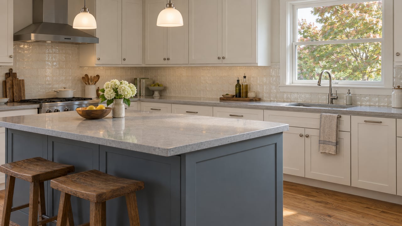 Updated ranch kitchen with a blue-gray island, white cabinets, and a window framing a leafy tree.
