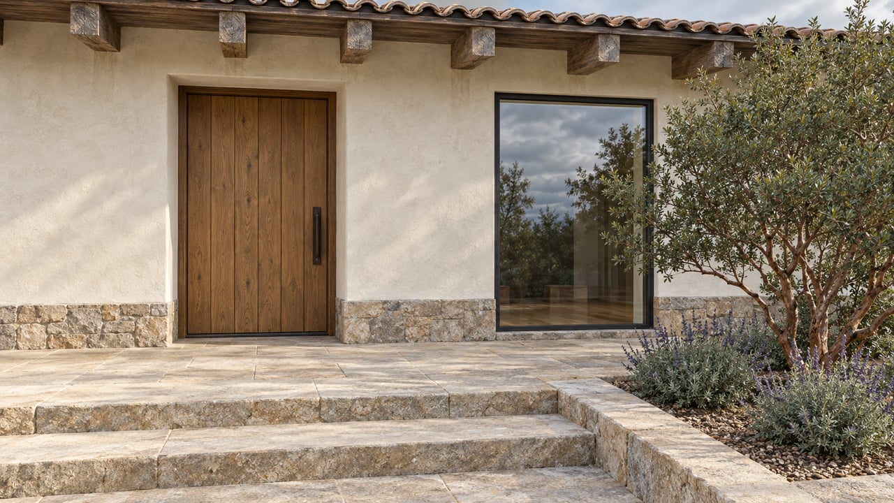Covered home entrance with a timber door, broad clay-tile eave, sandstone steps and a cinnamon-trunked manzanita beside full-height glazing.