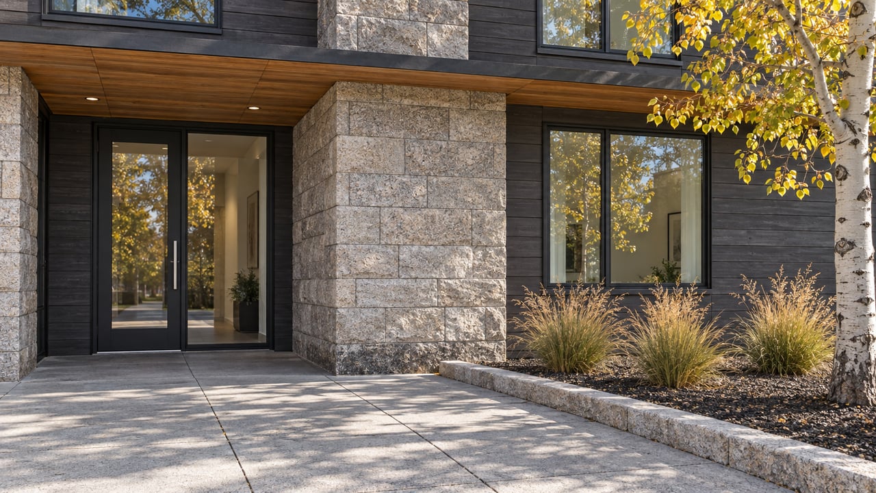 Contemporary condominium entrance with charcoal timber siding, pale granite, amber cedar soffits, and a golden-leaved aspen beside a broad paved approach.