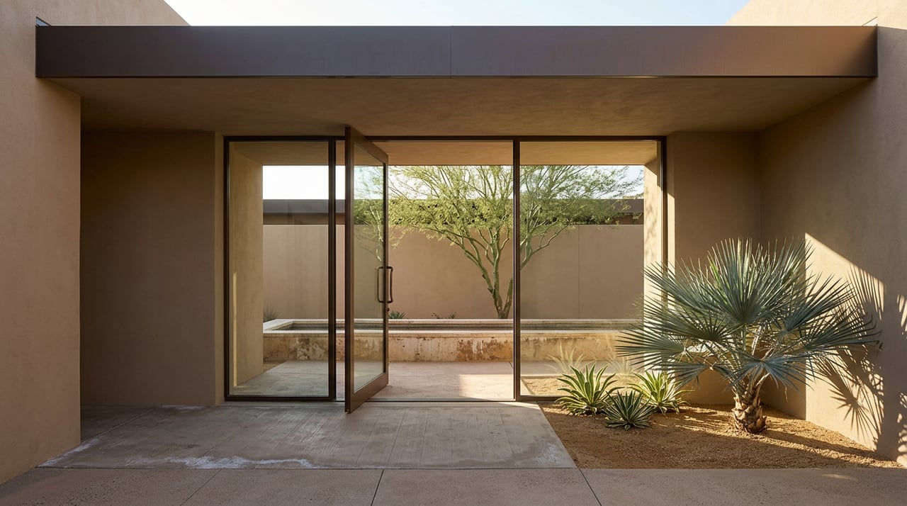 Desert-modern courtyard with an open bronze-framed pivot door, linear water channel, blue-grey palm, and sunlit agaves.