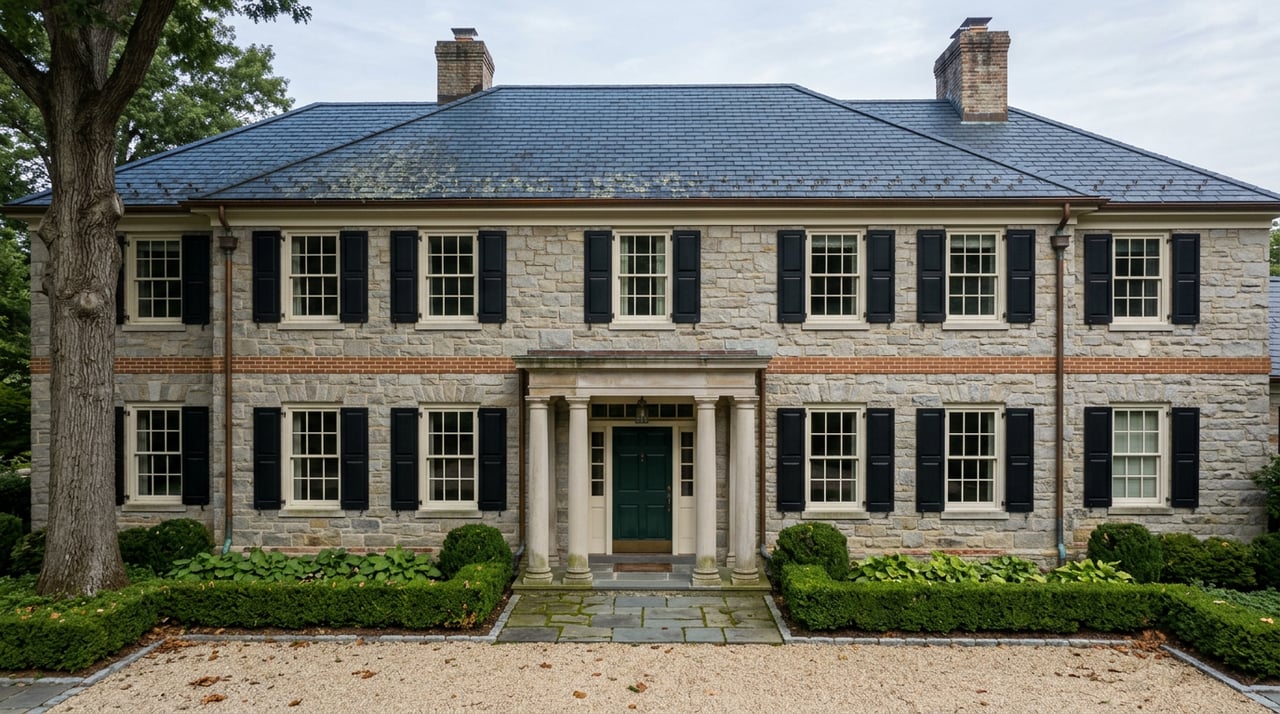 Symmetrical two-story fieldstone manor with paired chimneys, a green door, boxwood-lined walk, and oak tree.