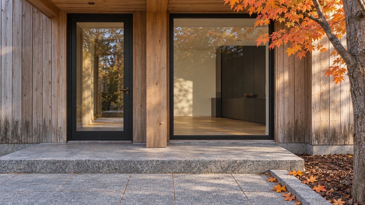 Cedar-clad home entry with black-framed glass, a weathered timber canopy and a granite landing beside orange sugar maple leaves.