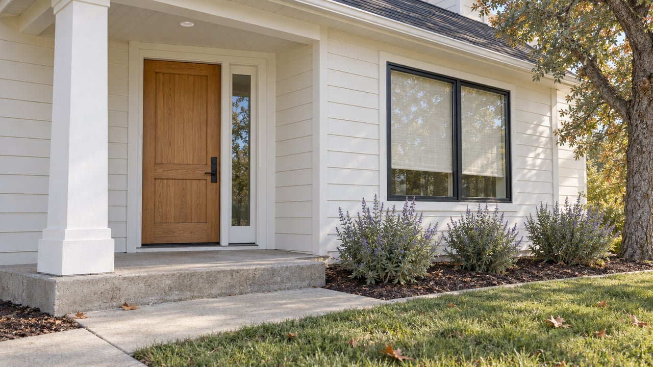 Oak front door and black-framed window beneath a white suburban porch, with weathered concrete steps and oak leaves in morning light.
