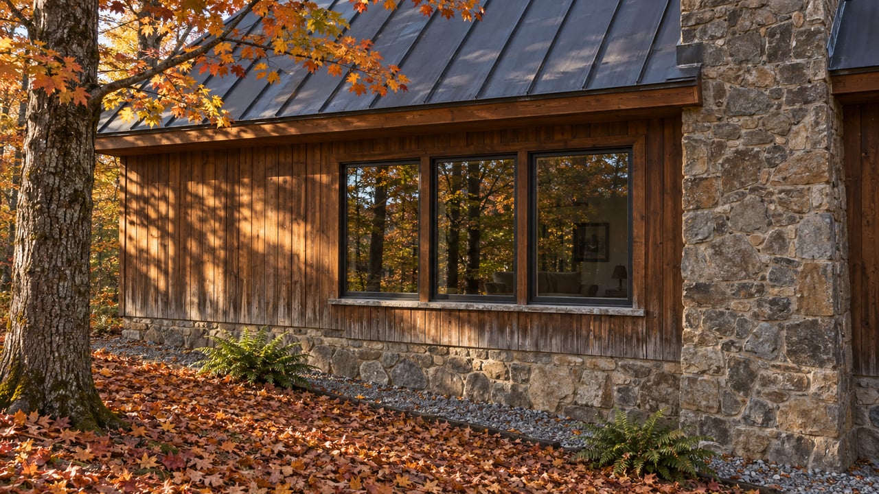 Autumn sunlight falls across a weathered cedar cabin, dark metal roof, stone chimney, and leaf-covered sloping ground.
