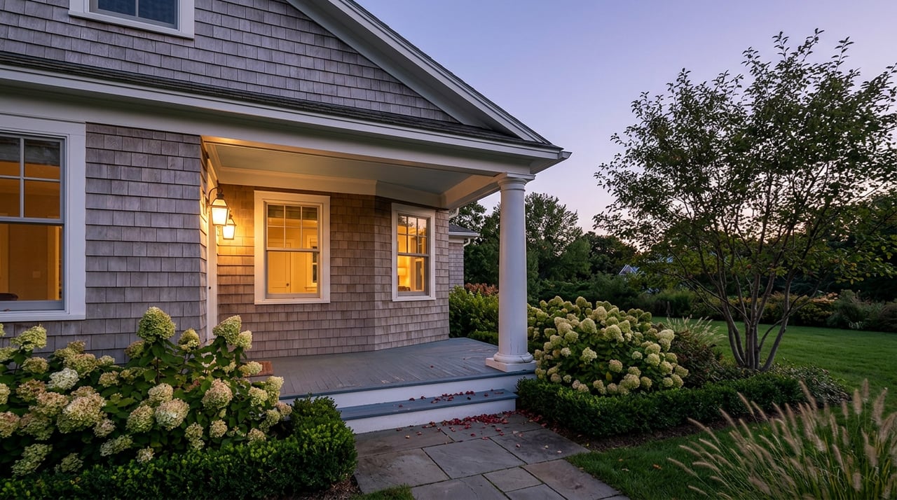 Shingle-style cottage porch glowing at dusk, framed by hydrangeas, a serviceberry tree, and a broad front lawn.