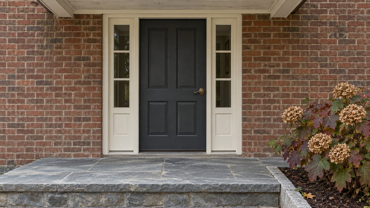 A charcoal paneled front door with paired sidelights in a weathered brick facade, above bluestone steps beside an autumn oakleaf hydrangea.