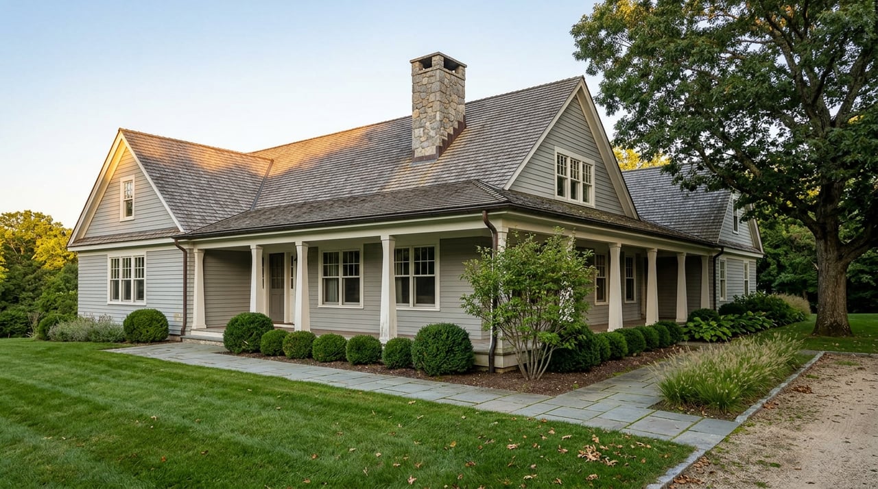 Gray clapboard house with cedar-shake gables, fieldstone chimney, covered porch, and mature oak beside a bluestone walkway.