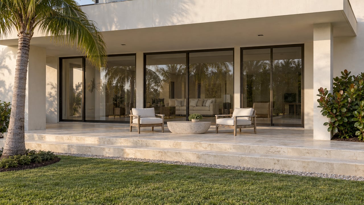 White stucco home with a shaded glass terrace, teak lounge chairs and limestone steps leading to a palm-lined lawn.