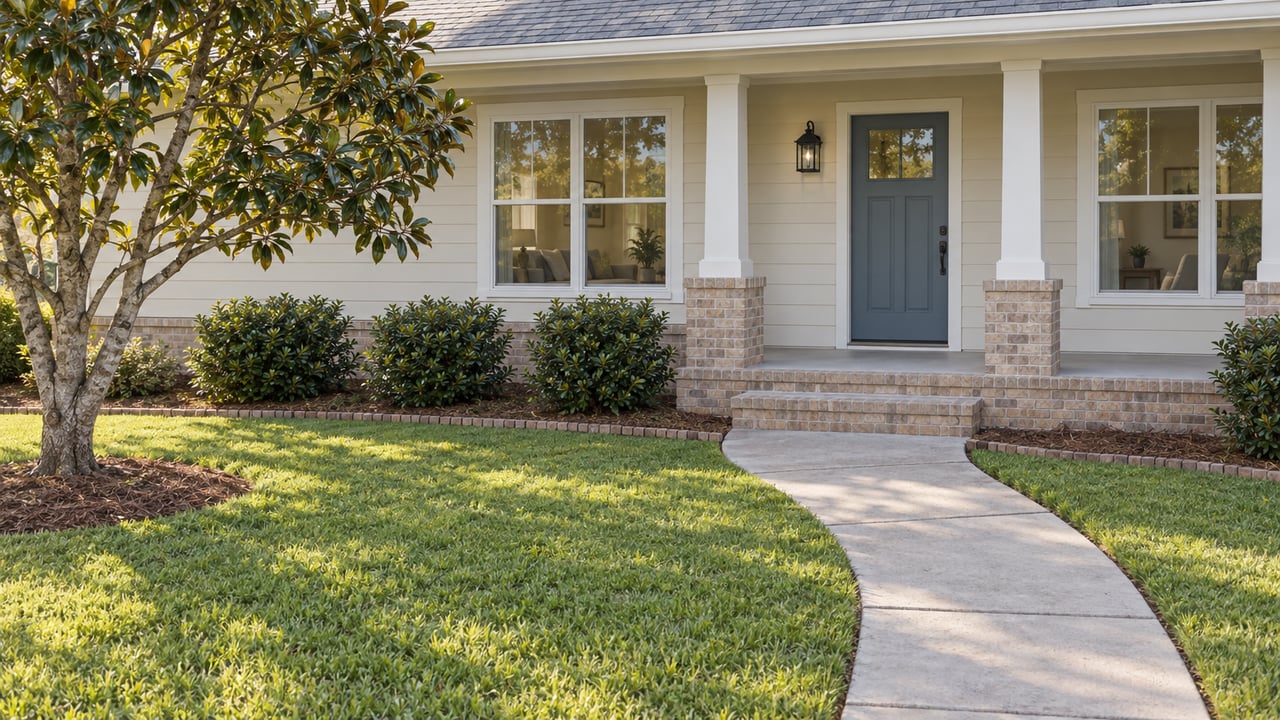 Ivory lap-sided home with a shaded front porch, blue-gray door, brick-edged planting beds and a concrete walk across a deep lawn.