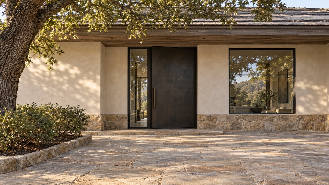 Ivory-plaster home entry with black pivot door, glass sidelight, sandstone court, and oak branches overhead.