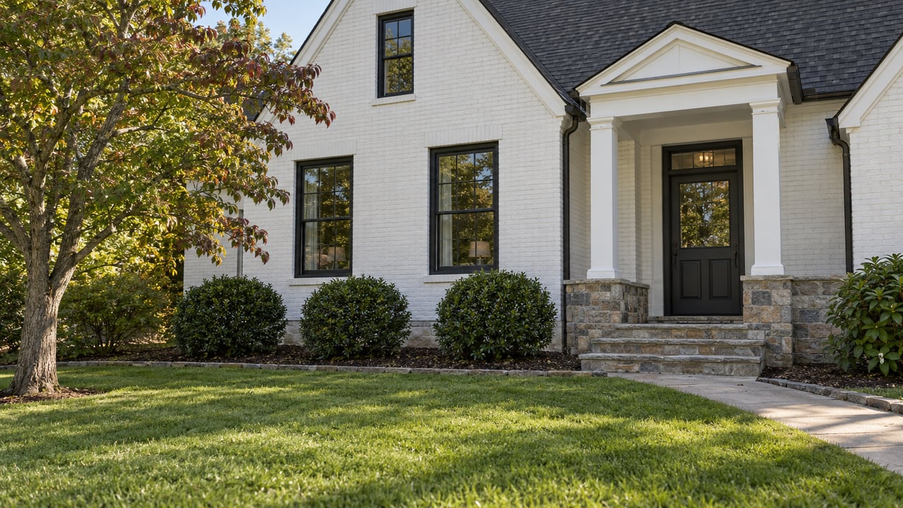 White-painted brick home with a charcoal gabled roof, black-framed windows, stone entry steps and a broad lawn beneath a branching dogwood.