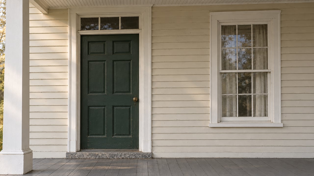 An aged green front door and white sash window above a worn gray-painted farmhouse porch floor.