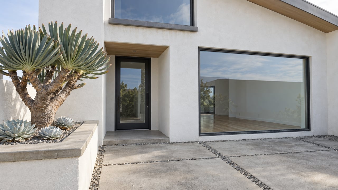 Contemporary white stucco home with charcoal-framed glazing, a concrete entry path and a sculptural fan aloe in a raised planter.