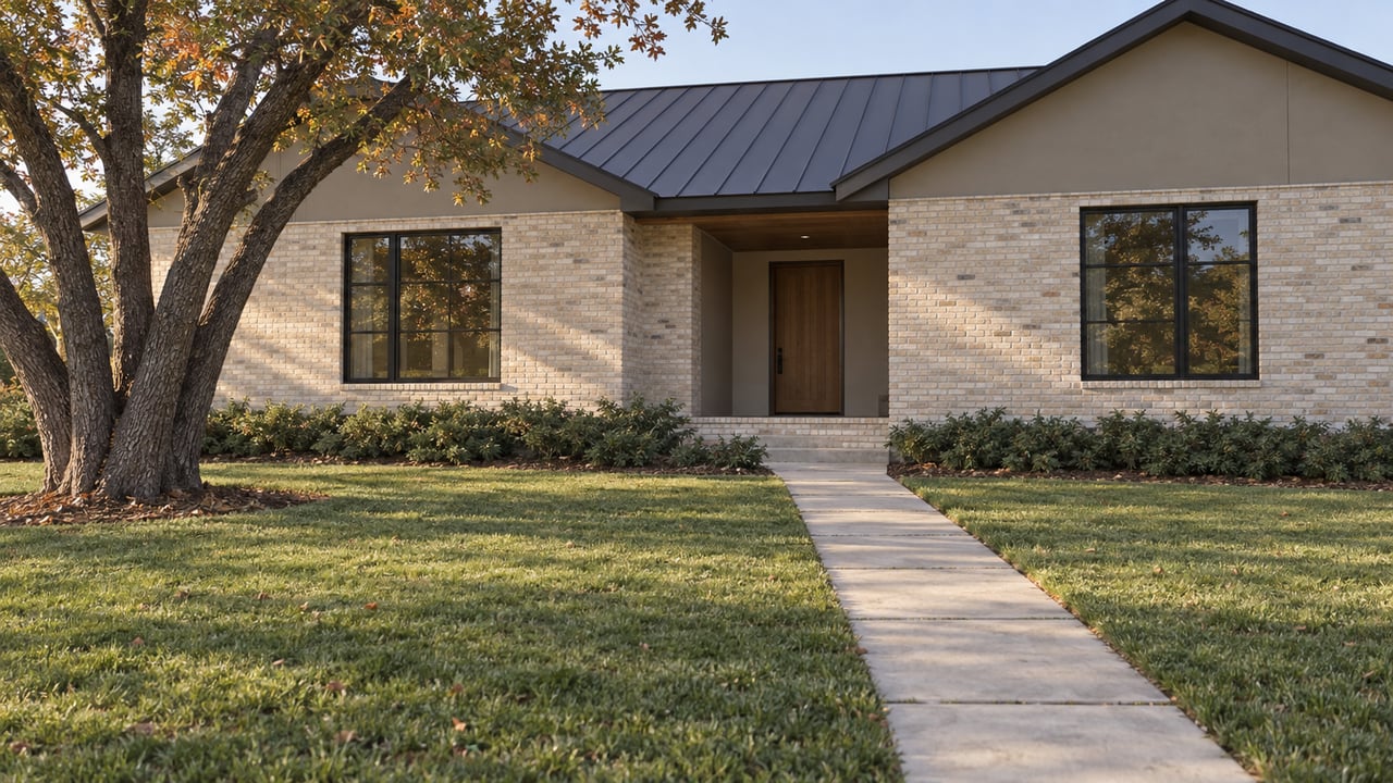 Updated ranch house with pale brick and taupe stucco, front lawn, concrete walk, and copper-leaved oak.