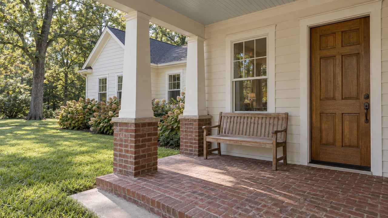 Covered porch with an oak front door, brick floor and tapered white columns overlooking a lawn and flowering oakleaf hydrangeas.