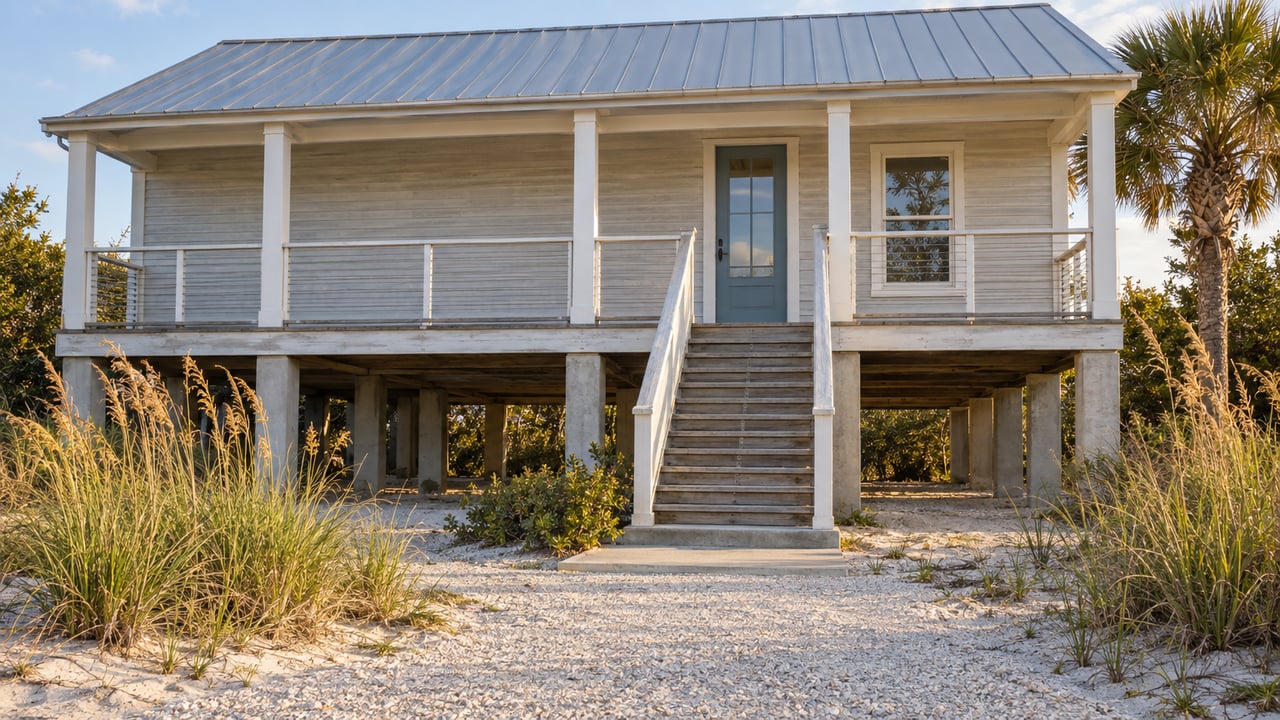Raised coastal cottage with a blue-gray door, exterior stair, sandy approach, dune grass, and a palm tree.