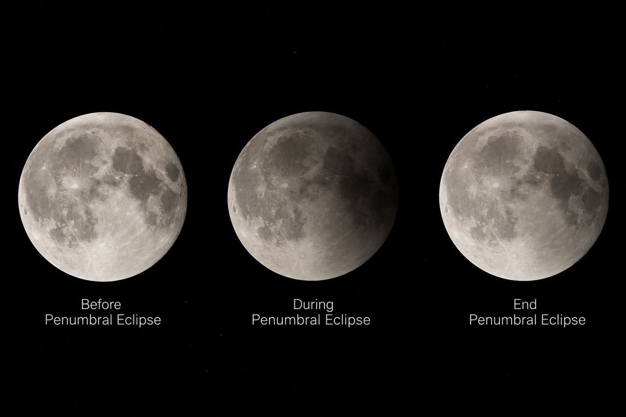Full Moon before, during and after a penumbral lunar eclipse showing the subtle darkening caused by Earth’s outer shadow