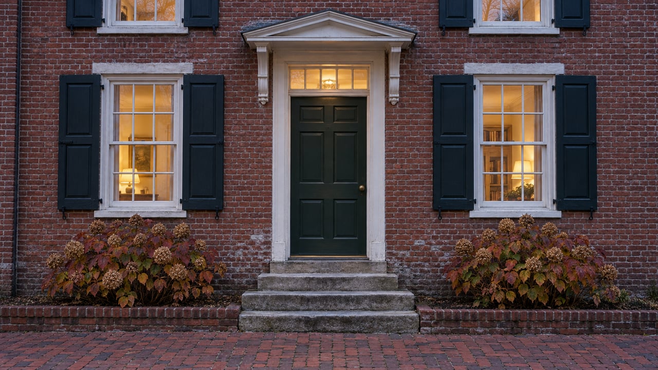 Brick rowhome entry at blue hour, with white sash windows, dark shutters, limestone steps and copper-leaved oakleaf hydrangeas.