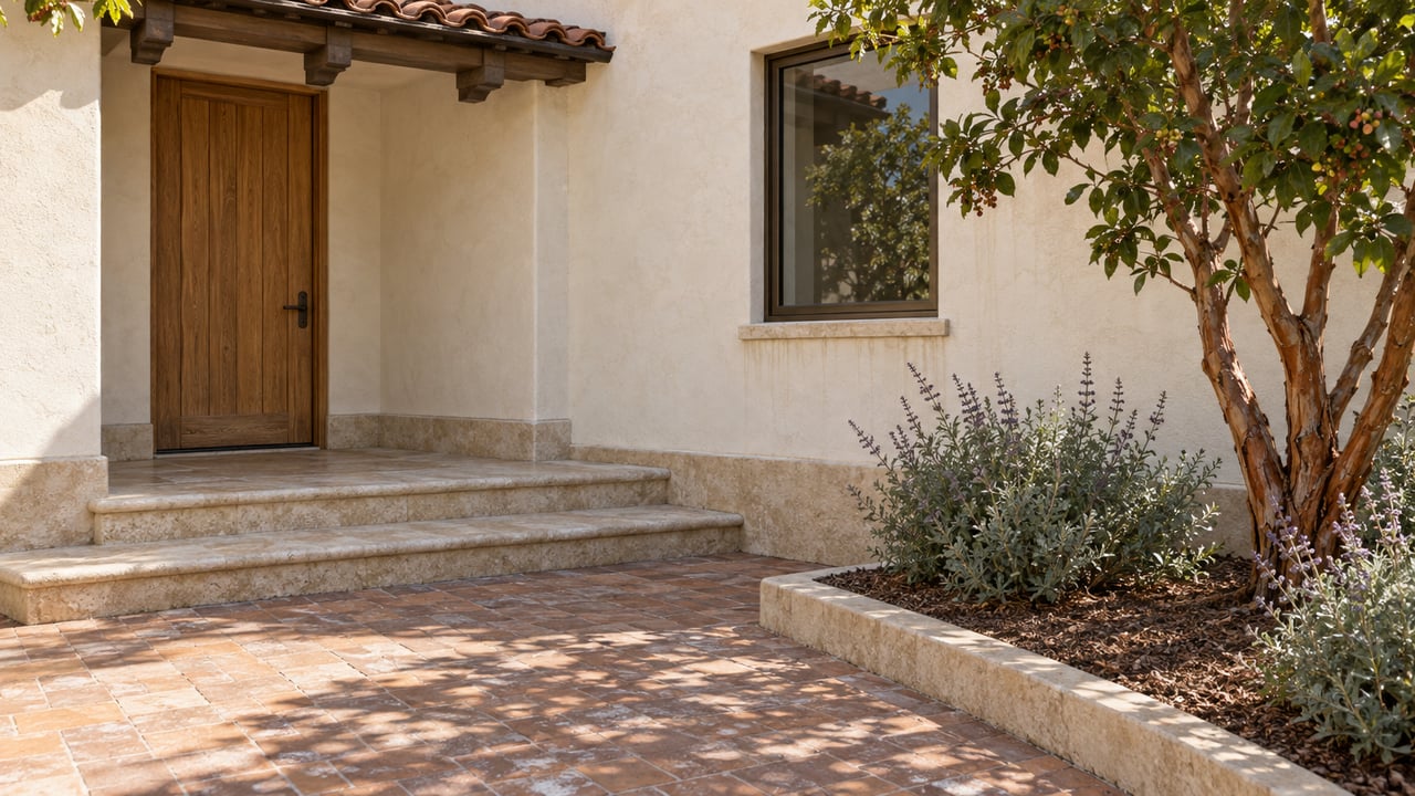 Cream stucco home entrance with an oak door, limestone steps, terracotta paving and a strawberry tree in morning sunlight.