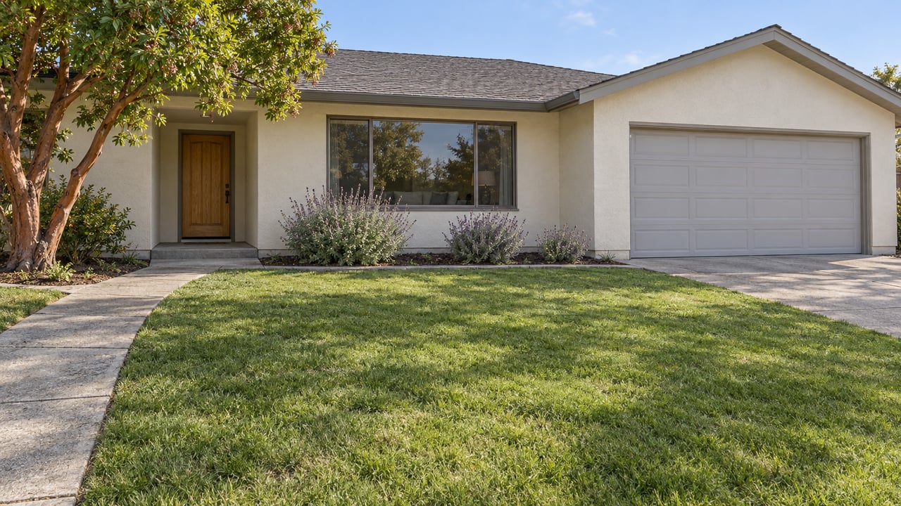 Updated single-story stucco home behind a deep green lawn, with a branching strawberry tree and sage planting beside a concrete approach.