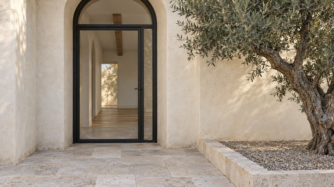 An arched black-steel glass entrance recessed into ivory stucco, beside an olive tree and a limestone terrace.