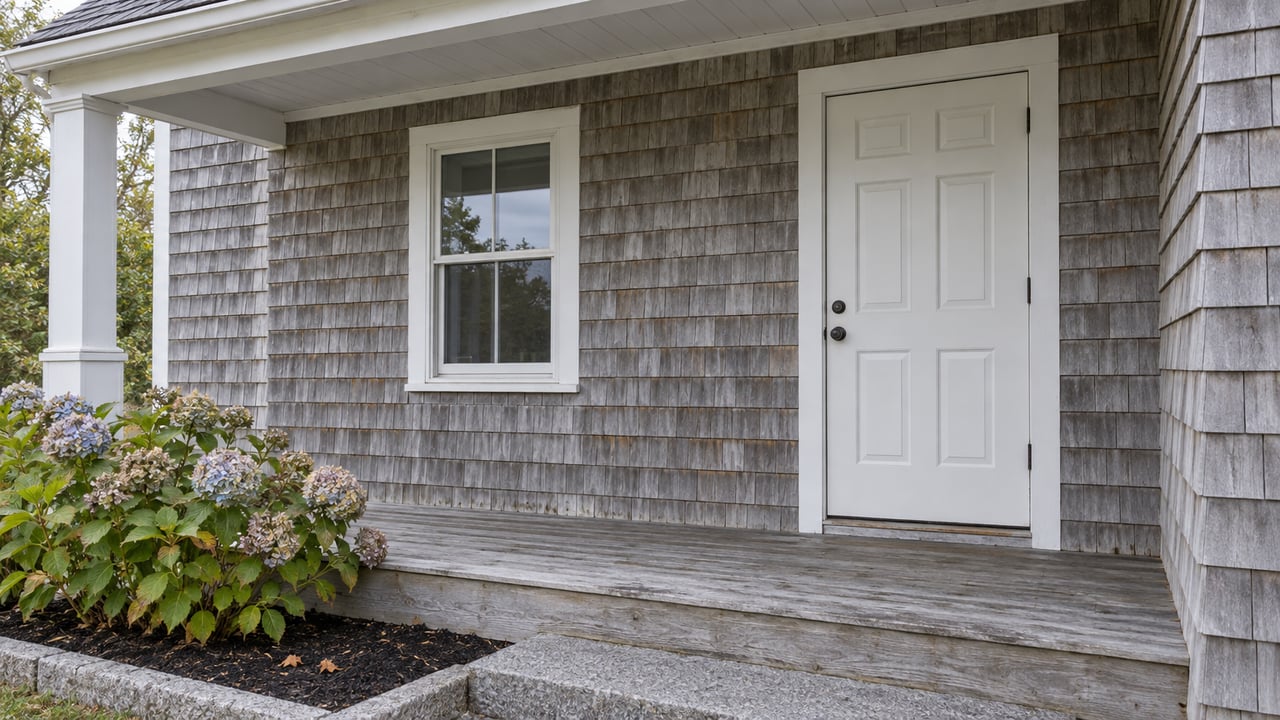 Weathered cedar-shingle cottage entry with a white door, double-hung window, gray wood porch and fading blue hydrangea beside a granite landing.