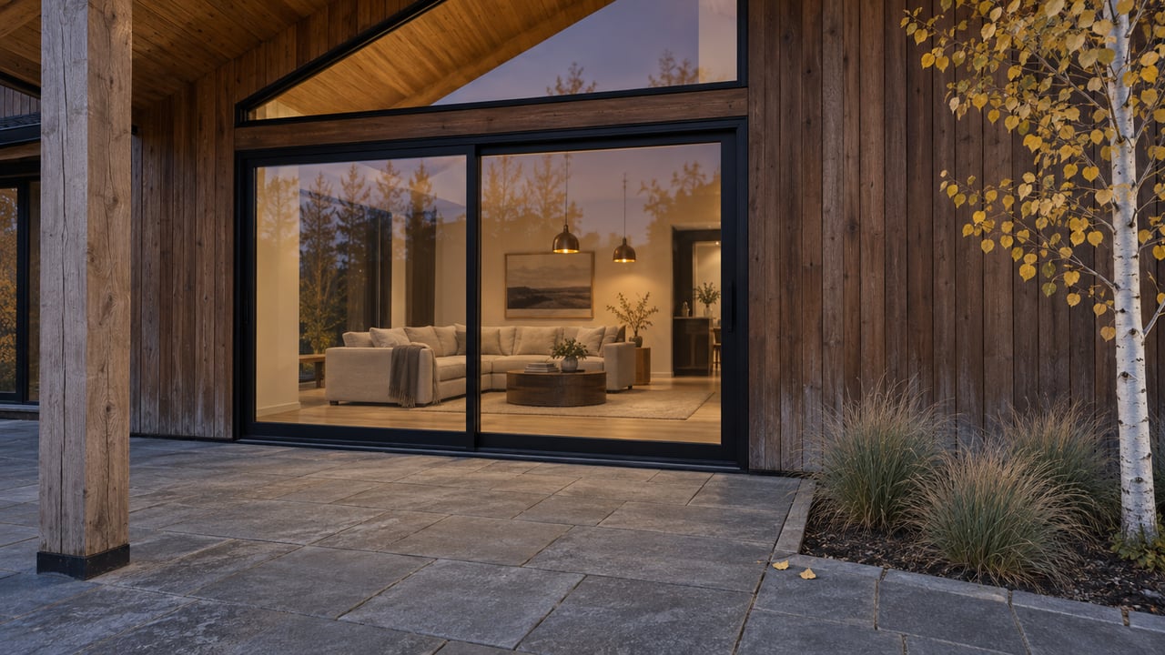 Twilight falls on a timber home's stone terrace and closed black-framed glass doors, with a warmly lit living room inside and golden aspen leaves at the edge.