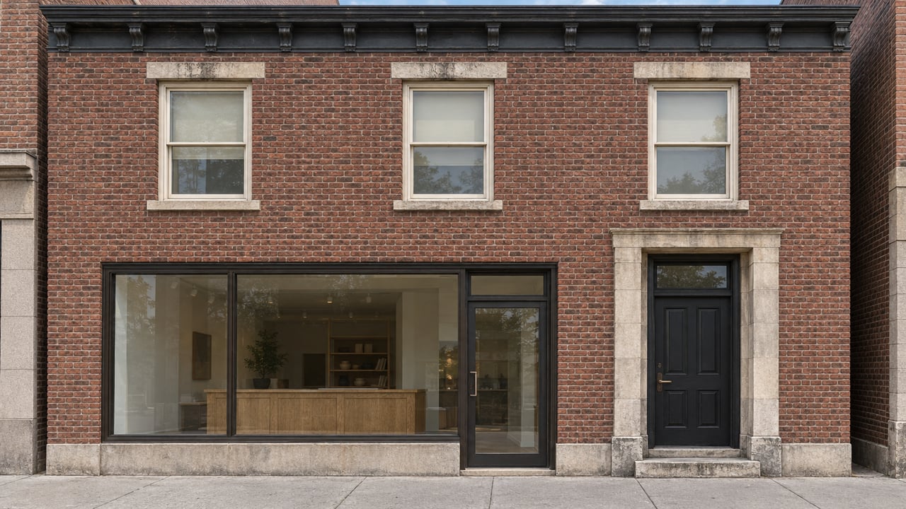 Red-brick mixed-use facade with three upper sash windows, bronze-framed shop glazing and a recessed stone-trimmed residential entrance.