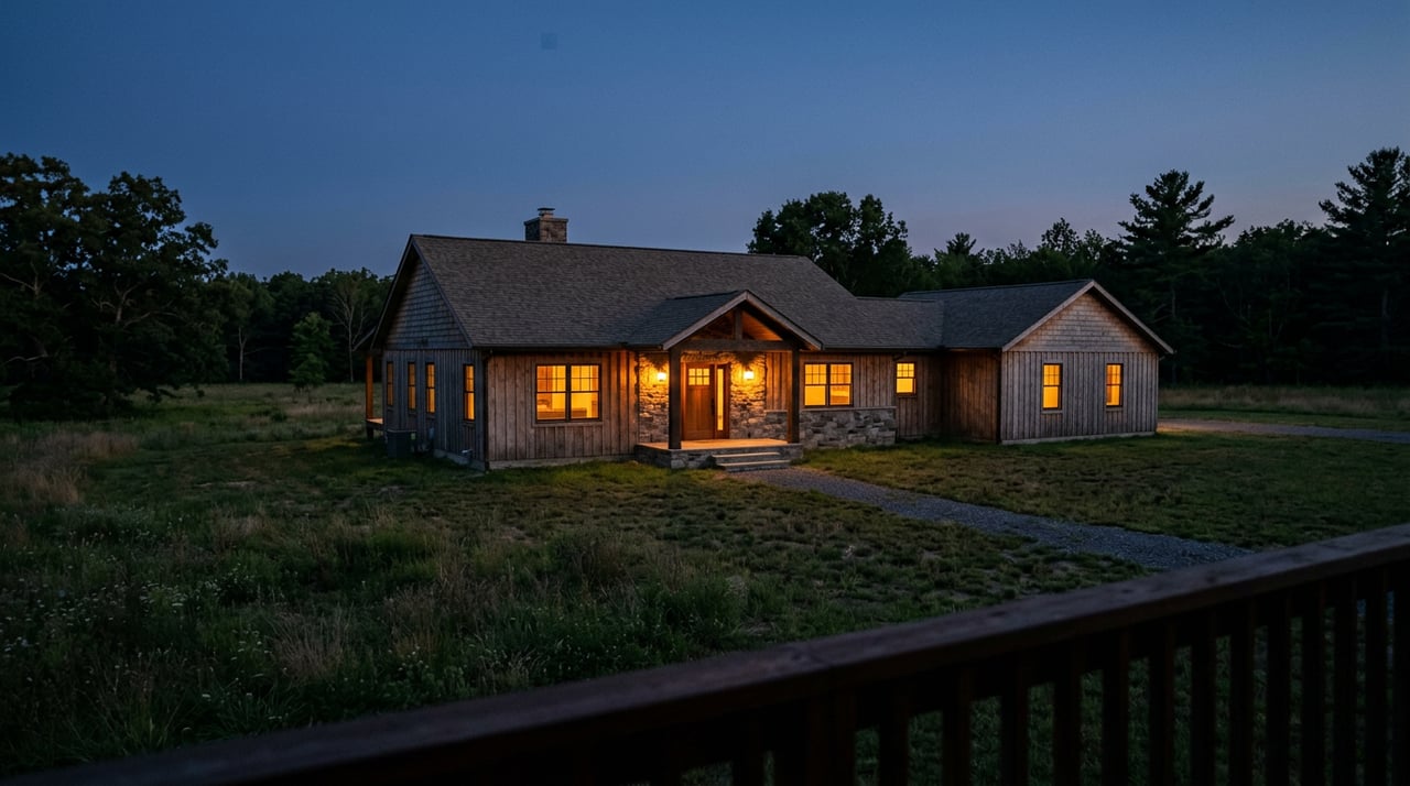 Single-story ranch home with a timber-post entry, stone walls, glowing windows, and golden aspens beneath an indigo dusk sky.