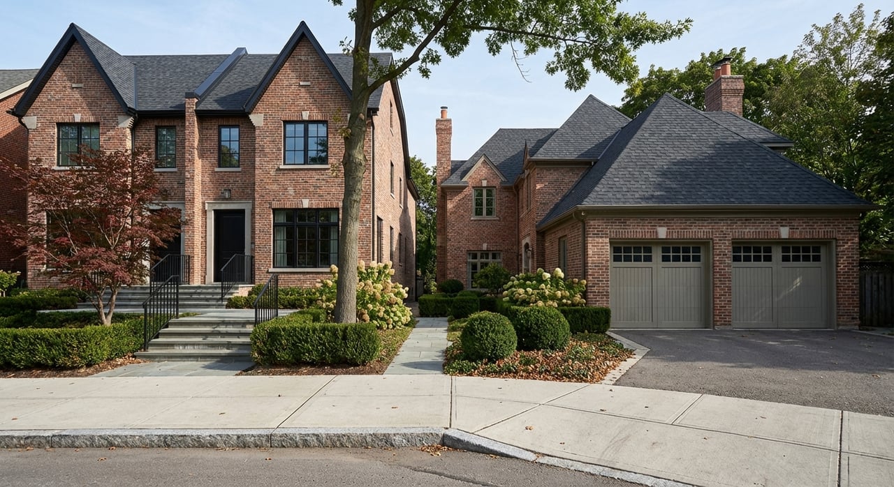 Brick townhomes beside a larger detached brick home, bordered by mature manicured plantings.